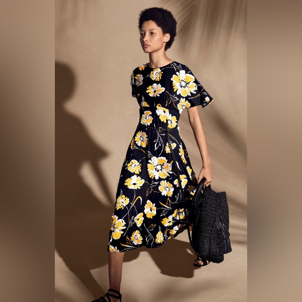 Michael Kors Collection Black Floral Asymmetrical Dress with Yellow Flowers